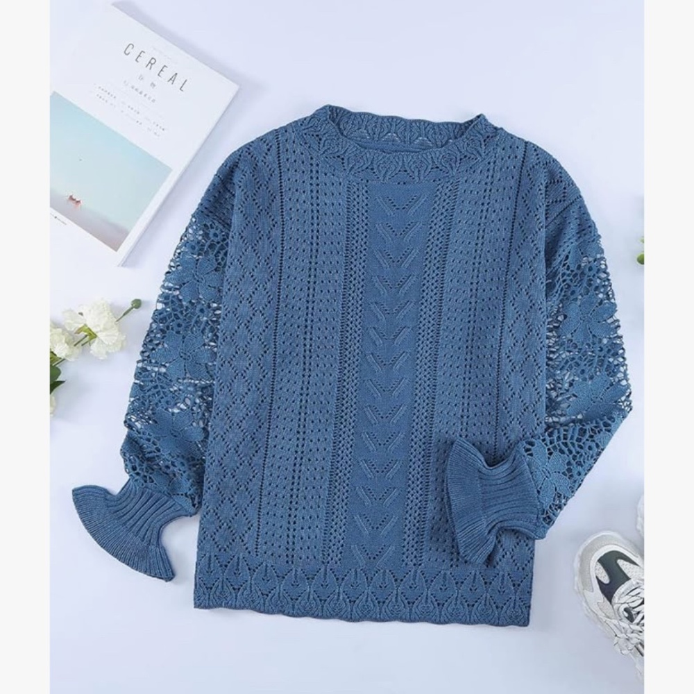 Lace Crewneck Long Sleeve Hollow Out Cable Knit Sweater Blouse - size L